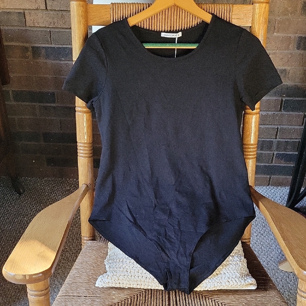 Mangopop round neck long sleeve short sleeve bodysuits, black, size L
